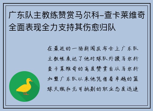 广东队主教练赞赏马尔科-查卡莱维奇全面表现全力支持其伤愈归队