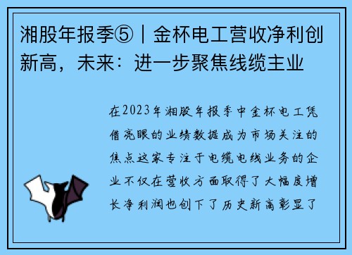 湘股年报季⑤｜金杯电工营收净利创新高，未来：进一步聚焦线缆主业