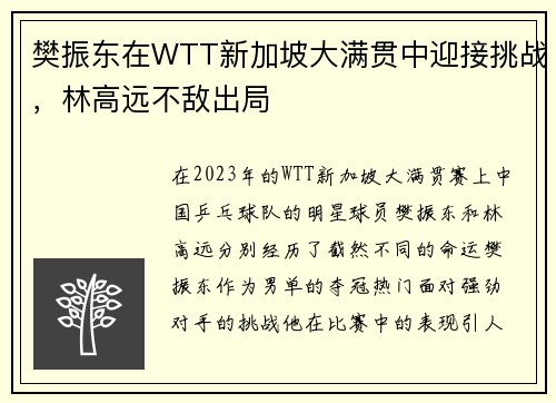 樊振东在WTT新加坡大满贯中迎接挑战，林高远不敌出局