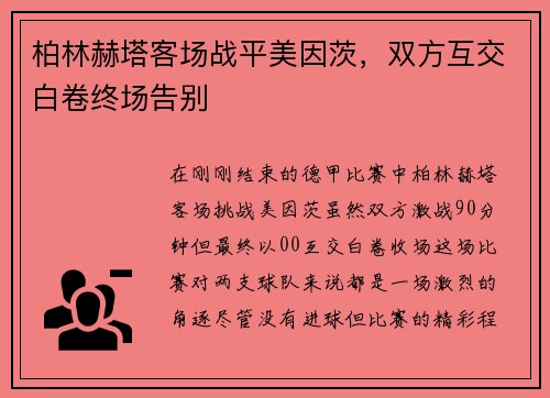 柏林赫塔客场战平美因茨，双方互交白卷终场告别