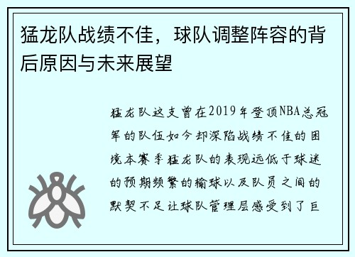 猛龙队战绩不佳，球队调整阵容的背后原因与未来展望